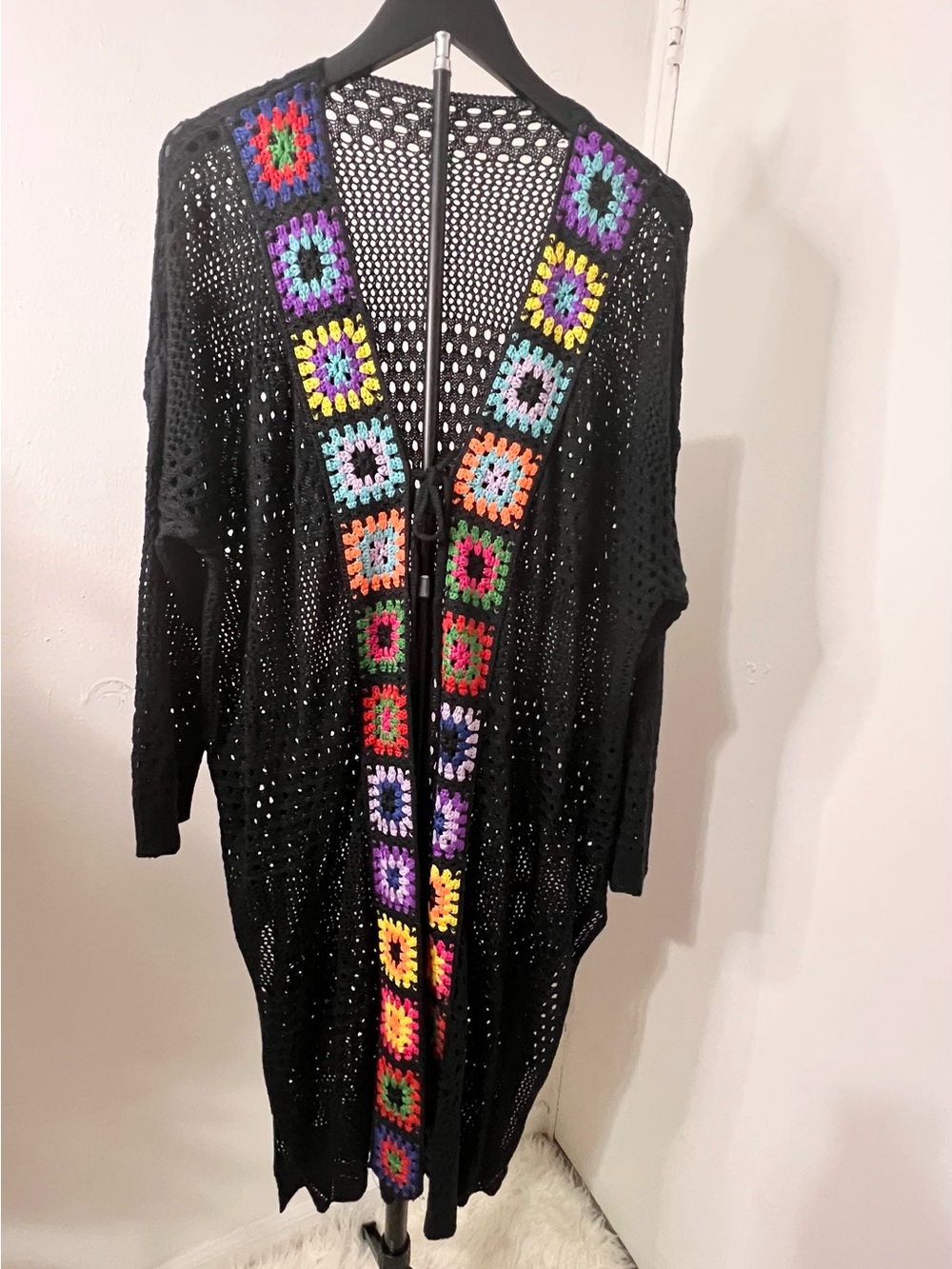 Black Crochet Long Cardigan with Multicolor Squares - Picture 3 of 5